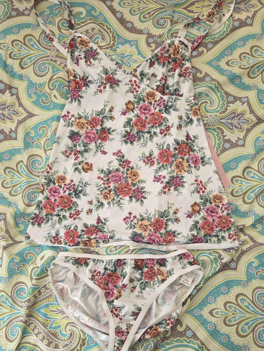 Floral Lace-Trim Camisole & Brief Set - White with Pink & Yellow Roses